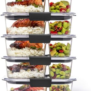 Rubbermaid Brilliance BPA Free Food Storage Containers with Lids, Airtight, for Lunch, Meal Prep, and Leftovers, 2 Compartments, Set of 5 (2.85 Cup)