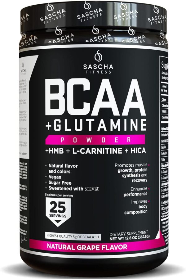 SASCHA FITNESS BCAA 4:1:1 + Glutamine, HMB, L-Carnitine, HICA | Powerful and Instant Powder Blend with Branched Chain Amino Acids (BCAAs) for Pre, Intra and Post-Workout | Natural Grape Flavor,362.5g