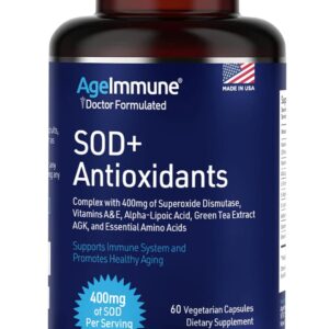SOD Antioxidants Complex Healthy Aging Supplement - 400mg of Superoxide Dismutase - Alpha Lipoic Acid - L-Arginine -Lysine - AKG - Vitamin A - Vitamin E for Immune Support -60 Capsules