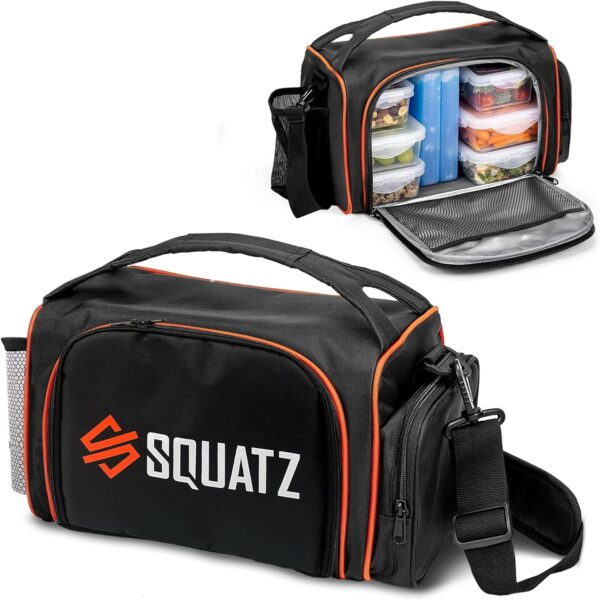 SQUATZ Black Polyester Meal Prep Lunch Box, 16.5" x 7.5" x 8", Adjustable Padded Shoulder Strap, Double Insulation, Can Fit Up to 13 lbs