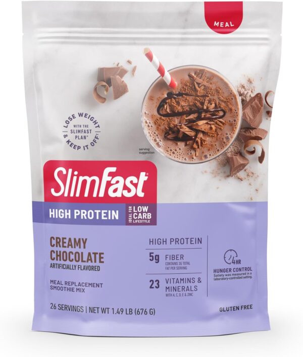 SlimFast High Protein Meal Replacement Powder, 26 Servings, Advanced Nutrition Smoothie Mix with Vitamin and Mineral Blend, Gluten Free, Creamy Milk Chocolate, 1.53 Pounds