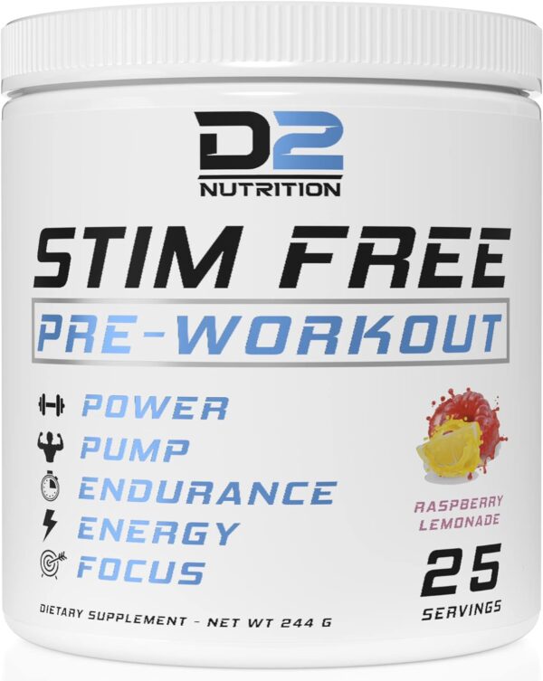 Stim Free Pre Workout - Best Non Caffeine Powder No Amazing Power Pump Energy and Endurance 25 Servings (Raspberry Lemonade), (PRENON01)