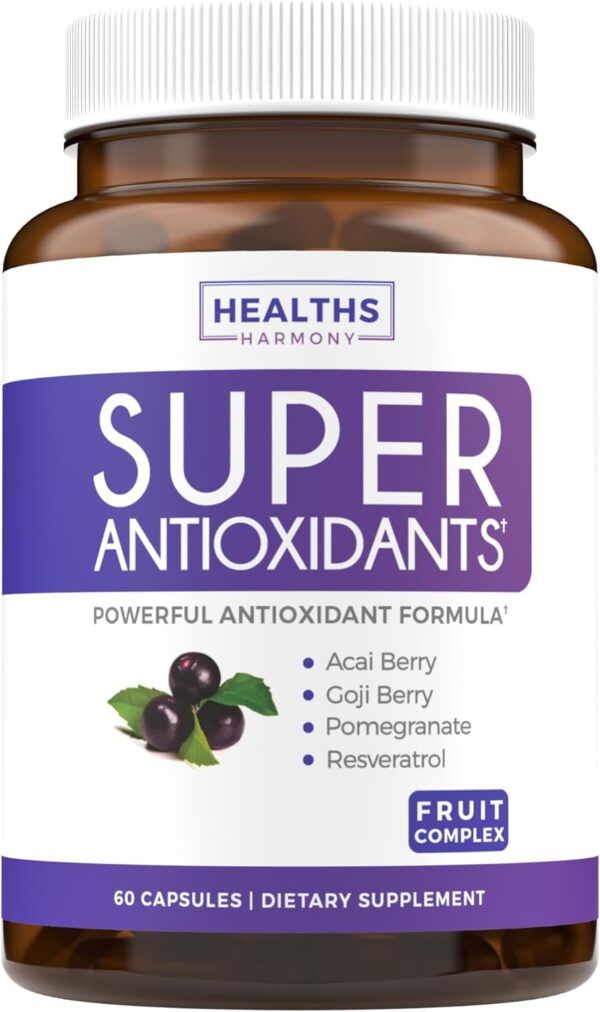 Super Antioxidants Supplement - Powerful Super Food Antioxidant Daily Blend - Acai Berry, Goji, Pomegranate & Trans Resveratrol - Herbal and Fruit Formula For Women and Men - Skin Care - 60 Capsules