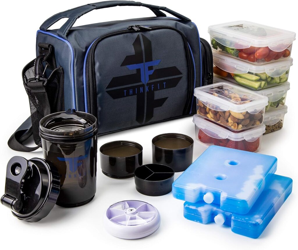  ThinkFit Insulated Lunch Box with 6 Portion Control Containers, Pill Dispenser, Shaker Cup & Ice Packs - BPA-Free, Reusable, Microwavable, Freezer Safe - Blue 