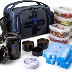 ThinkFit Insulated Lunch Box with 6 Portion Control Containers, Pill Dispenser, Shaker Cup & Ice Packs - BPA-Free, Reusable, Microwavable, Freezer Safe - Blue