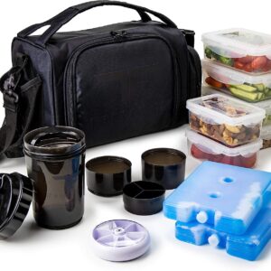 ThinkFit Insulated Meal Prep Lunch Box with 6 BPA-Free, Reusable, Microwavable, Freezer Safe Food Portion-Control Containers, Shaker Cup, Pill Organizer, Lunch Bag with Storage Pocket - (Black)