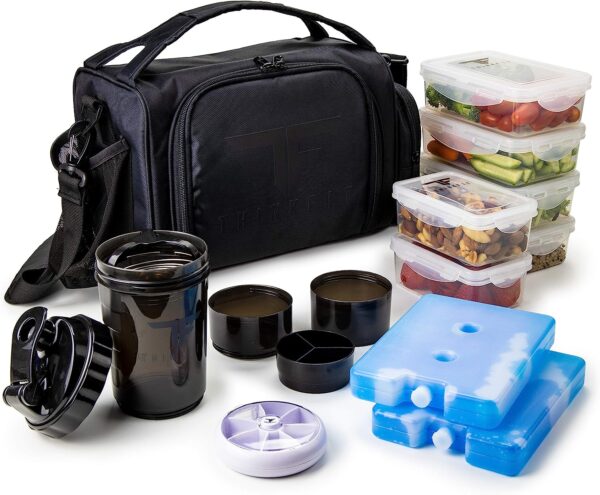 ThinkFit Insulated Meal Prep Lunch Box with 6 BPA-Free, Reusable, Microwavable, Freezer Safe Food Portion-Control Containers, Shaker Cup, Pill Organizer, Lunch Bag with Storage Pocket - (Black)