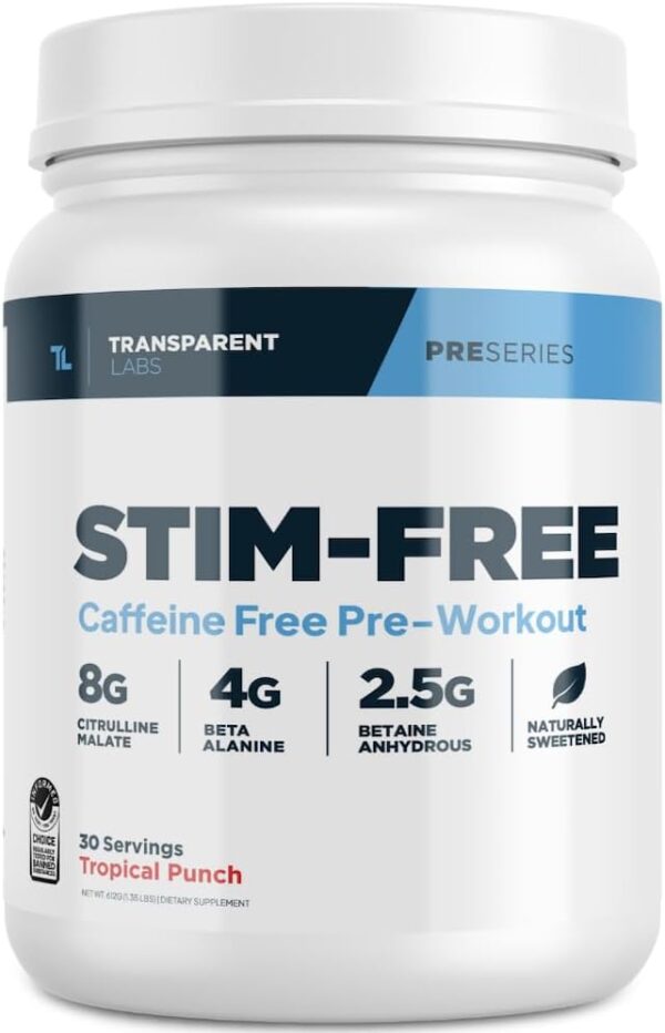 Transparent Labs Stim-Free Pre-Workout - Caffeine & Stim Free Pre Workout Powder for Men and Women with Beta Alanine Powder, Citrulline Malate, & elevATP - 30 Servings, Tropical Punch