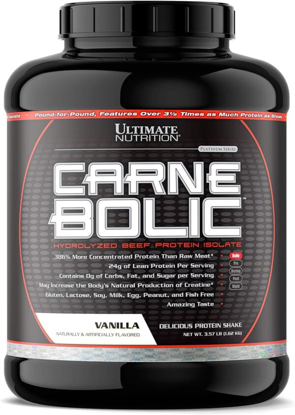 Ultimate Nutrition Carne Bolic Beef Protein Powder, Lactose Free Protein Shakes, Paleo and Keto Friendly with No Sugar or Carb, Low Calorie Isolate Powder, Hydrolized Protein, 60 Servings, Vanilla