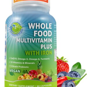 Vegan Whole Food Multivitamin with Iron, Daily Multivitamin for Women and Men, Made with Fruits & Vegetables, B-Complex, Probiotics, Enzymes, CoQ10, Omegas, Turmeric, Non-GMO, 90 Count