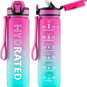 Water Bottle with Straw, 32 oz Motivational Water Bottles with Time Marker to Drink, Tritan BPA Free, 1L Sports Water Bottle with Carry Strap LeakProof for Women Gym Fitness Outdoor (1 Pack)