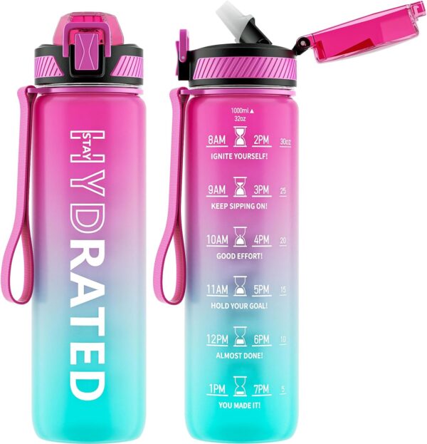 Water Bottle with Straw, 32 oz Motivational Water Bottles with Time Marker to Drink, Tritan BPA Free, 1L Sports Water Bottle with Carry Strap LeakProof for Women Gym Fitness Outdoor (1 Pack)