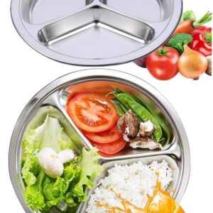 AIYoo Round Divided Plates 2 Pack 304 Stainless Steel Mess Trays 9.5 Inch 3 Sections Portion Control Plate for Camping, Lunch and Dinner or Every Day Use