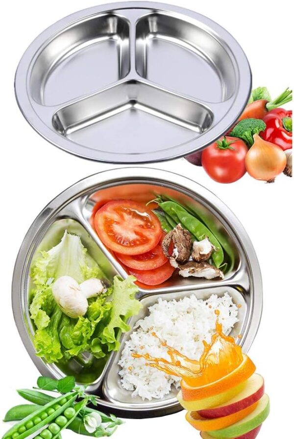 AIYoo Round Divided Plates 2 Pack 304 Stainless Steel Mess Trays 9.5 Inch 3 Sections Portion Control Plate for Camping, Lunch and Dinner or Every Day Use