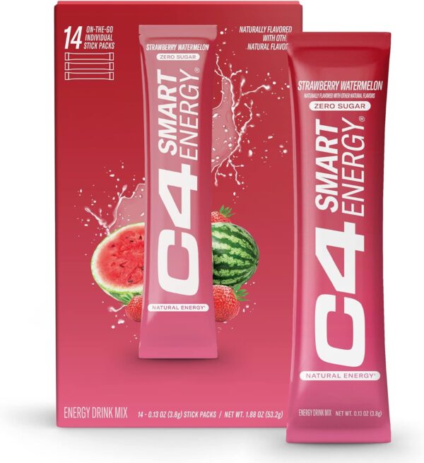 C4 Smart Energy Powder Stick Packs - Sugar Free Performance Fuel & Nootropic Brain Booster, Coffee Substitute or Alternative | Strawberry Watermelon - 14 Count