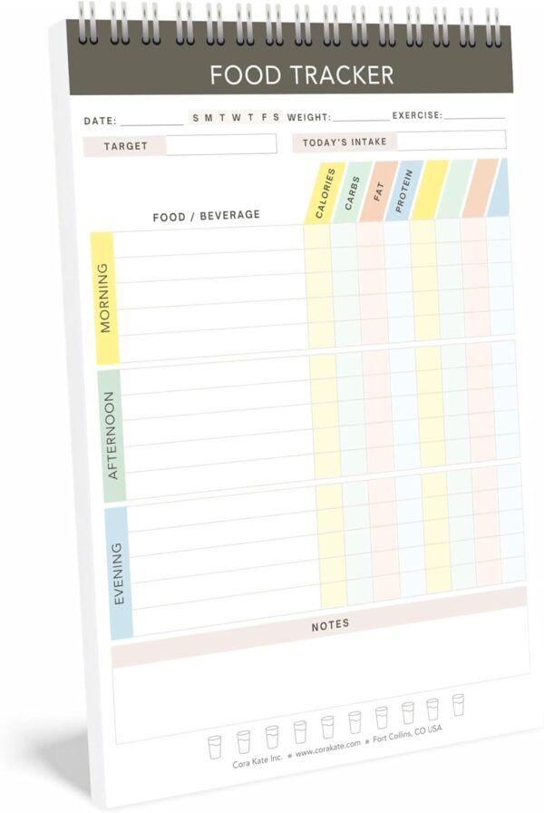 Cora Kate Food Journal Diary - 5.5 x 8.5 Calorie Counter Book, 50-Page Spiral Bound Meal Tracker for Tracking Calories, Carbs, Fat, Protein & More, Calorie Tracker, Food Log for Diet & Nutrition