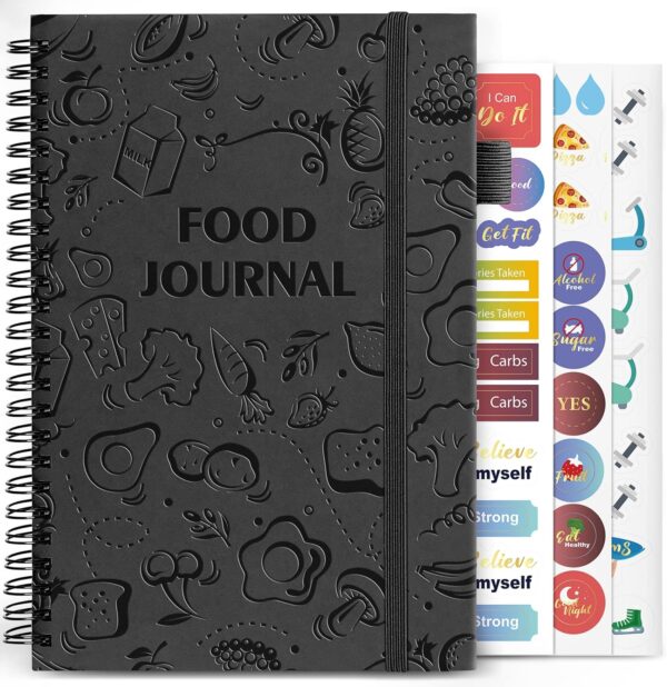 EPEWIZD Food Journal for Women Weight Loss Journal Wellness Meal Planner A5 Size Food Dairy Calories Counter Book Hardcover Workout Planner Tracking Progress Undated-Black