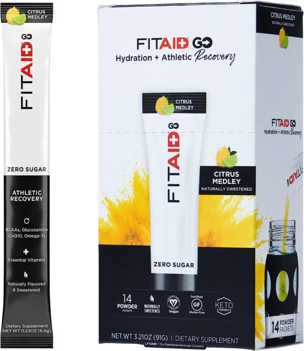 FITAID GO ZERO SUGAR Recovery Hydration Packet, W/ BCAAs, Glucosamine, Electrolytes, Omega-3s, 100% Clean, Keto-friendly, Vegan & Gluten-Free, 5 calories, Naturally Sweetened, 14 pack