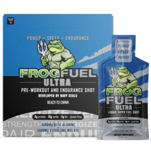 Frog Fuel Ultra Pre Workout Shot with 1500mg Beta Alanine, Electrolytes 8g Protein Nano-Hydrolyzed Grass Fed Collagen, 10g Carbs, Gluten Free, Fat Free, Berry, 1.2 oz Packets, 24 Pack