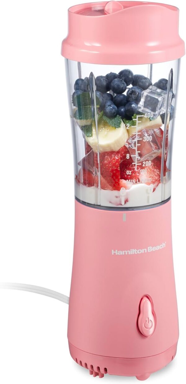 Hamilton Beach Portable Blender for Shakes and Smoothies with 14 Oz BPA Free Travel Cup and Lid, Durable Stainless Steel Blades for Powerful Blending Performance, Coral (51171)