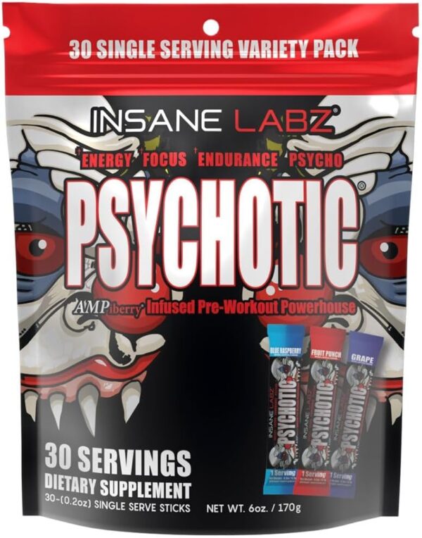 Insane Labz Psychotic, High Stimulant Pre Workout Powder, Extreme Lasting Energy, Focus and Endurance with Beta Alanine, Creatine Monohydrate, DMAE, (Variety, 30 Servings)