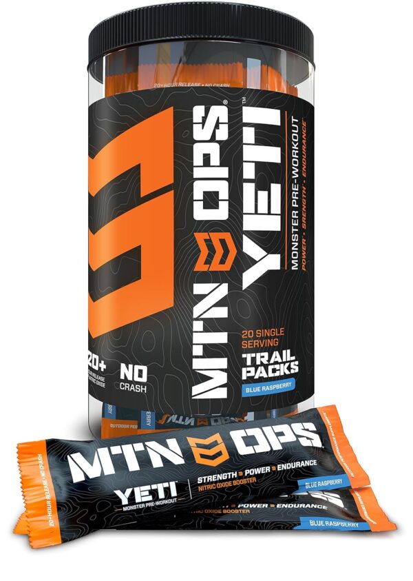 MTN OPS Yeti Monster Pre-Workout Powder Energy Drink, 20 Single-Serving Trail Packs, Blue Raspberry