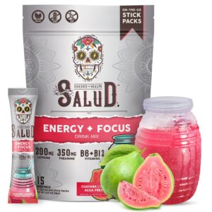 Salud 2-in-1 Energy and Focus Drink Powder, Guava - 15 Servings, Organic Caffeine, B6 + B12, Theanine, Clean Energy Guayaba Agua Fresca Mix, Non-GMO, Gluten Free, Vegan, Low Calorie, 1G Sugar