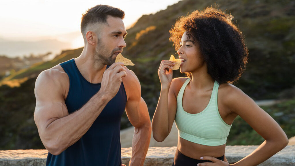 fit couple eating a protein snack