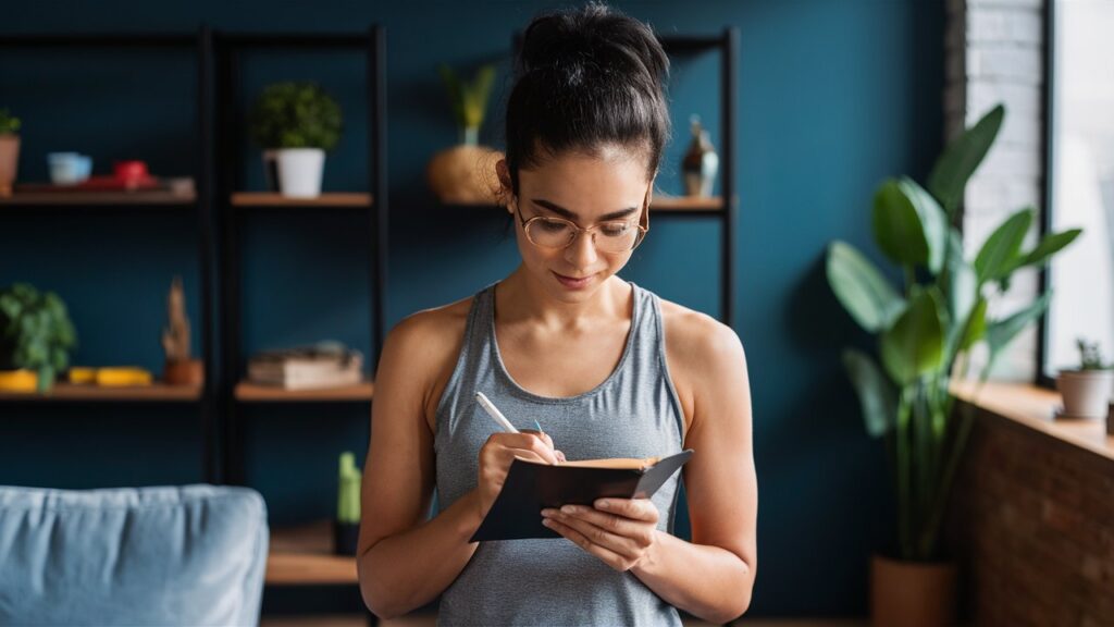 a fit woman writing in a journal