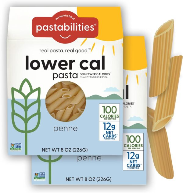 Pastabilities, Lower Calorie Pasta, Penne (8 Ounces, Pack of 2) 100 Calories Per Serving, Low Net Carbs, Low Calorie Pasta, Non GMO