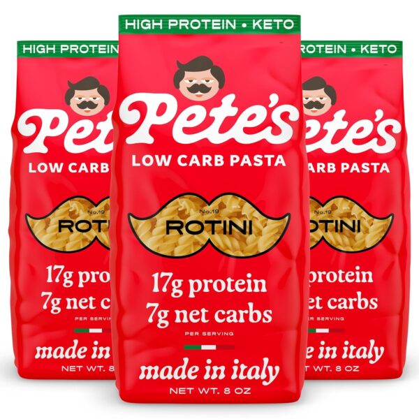 Pete's Pasta 3 Pack Rotini Noodles Pasta 8oz – 7g Low Carb Pasta – 17g High Protein Pasta – Authentic Italian Keto Pasta Noodles – Healthy Low Calorie Fusilli Pasta – Wheat Pasta Imported from Italy