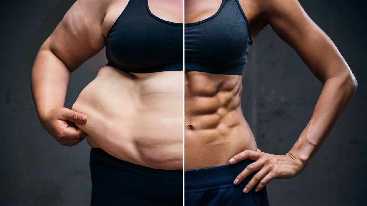 blog post image of a before-and-after transformation photo showcasing a person's incredible journey to fitness. The left side of the imagefeatures an overweight belly, with soft, loose skin and a lack of definition. The right side reveals a chiseled, toned midsection, with clearly defined abs and a healthy, glowing skin. The contrast between the two sides is stark, emphasizing the dedication and hard work required for such a transformation., photo