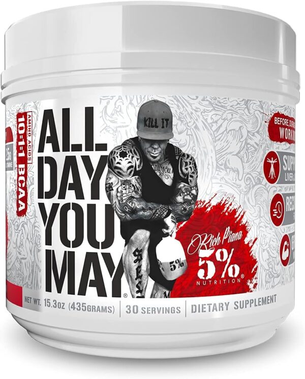 5% Nutrition Rich Piana AllDayYouMay BCAA Powder | Premium Intra & Post Workout Amino Acids, Hydration, Endurance, Muscle Recovery, Joint & Liver Support | 15.3 oz, 30 Servings (Fruit Punch)