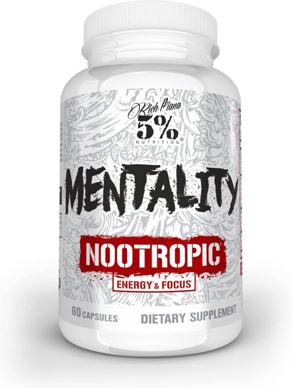 5% Nutrition Rich Piana Mentality Nootropic Blend | Brain Booster Supplement for Performance, Memory, Mental Clarity | Ginseng, Ginkgo, L-Theanine, Choline, Huperzine, 60 Capsules (30 Day Supply)