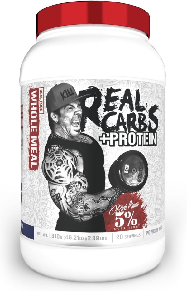 5% Nutrition Rich Piana Real Carbs + Protein | Clean Mass Gainer Protein Powder | Real Food Carbohydrate Fuel for Pre Workout/Post-Workout Recovery Meal | 2.89 lb, 20 Srvgs (Blueberry Cobbler)