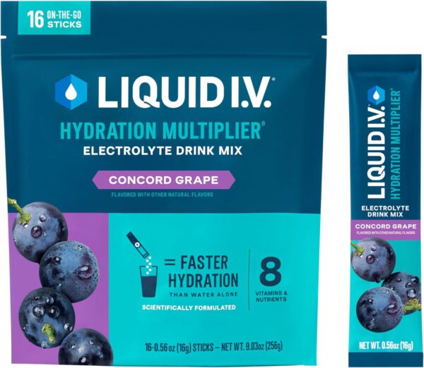 Liquid I.V.® Hydration Multiplier® - Concord Grape - Hydration Powder Packets | Electrolyte Powder Drink Mix | Convenient Single-Serving Sticks | Non-GMO | 16 Servings (Pack of 1)