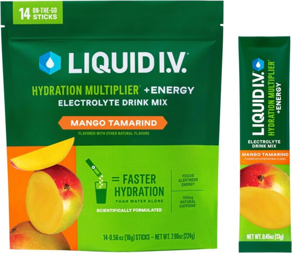 Liquid I.V.® Hydration Multiplier® +Energy - Mango Tamarind - Hydration Powder Packets | Electrolyte Powder Drink Mix | Convenient Single-Serving Sticks | Non-GMO | 14 Servings (Pack of 1)