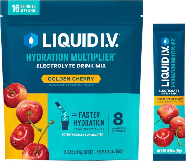 Liquid I.V.® Hydration Multiplier® - Golden Cherry - Hydration Powder Packets | Electrolyte Powder Drink Mix | Convenient Single-Serving Sticks | Non-GMO | 16 Servings (Pack of 1)