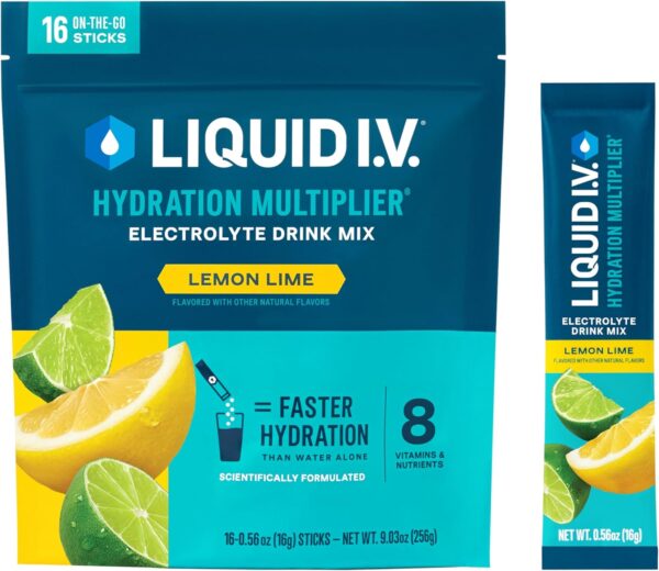 Liquid I.V.® Hydration Multiplier® - Lemon Lime - Hydration Powder Packets | Electrolyte Drink Mix | Easy Open Single-Serving Stick | Non-GMO | 16 Servings (Pack of 1)