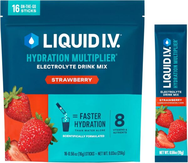 Liquid I.V.® Hydration Multiplier® - Strawberry - Hydration Powder Packets | Electrolyte Drink Mix | Easy Open Single-Serving Stick | Non-GMO | 16 Servings (Pack of 1)