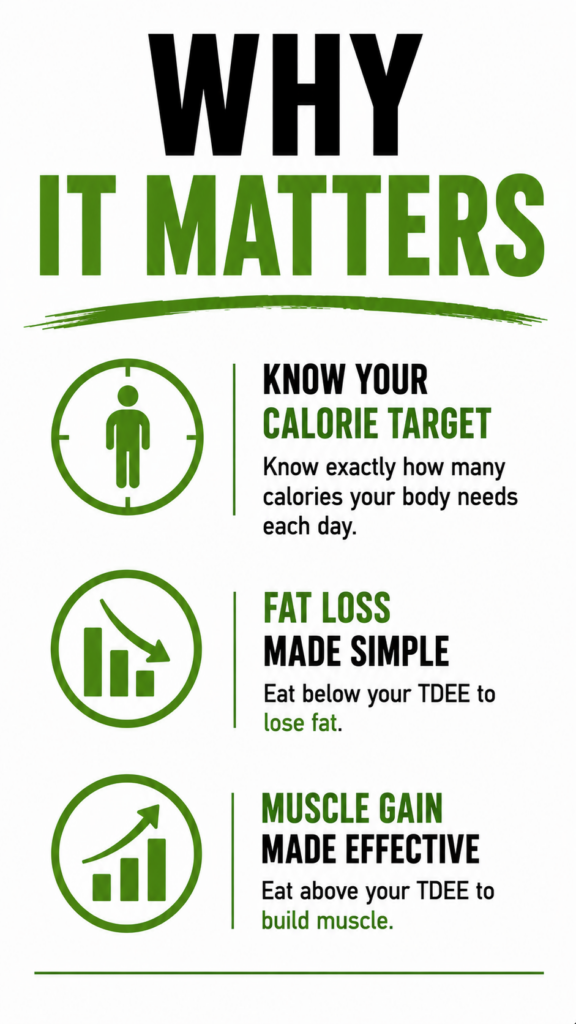 Infographic showing how Total Daily Energy Expenditure supports weight maintenance, fat loss, and muscle gain.