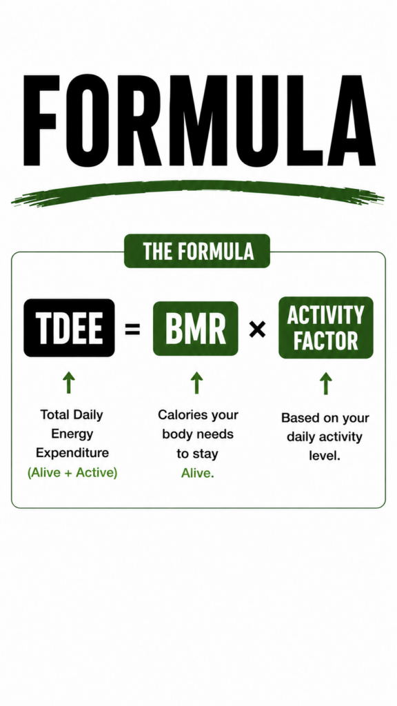 Formula showing Total Daily Energy Expenditure calculated from Basal Metabolic Rate and an activity factor.