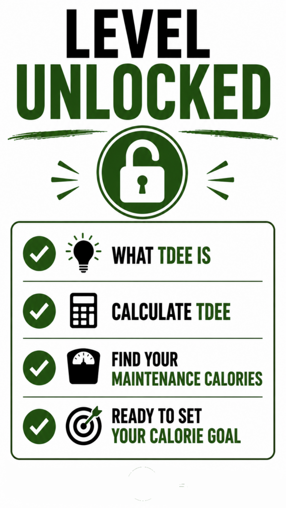 Summary infographic reviewing Total Daily Energy Expenditure, maintenance calories, and daily calorie planning.