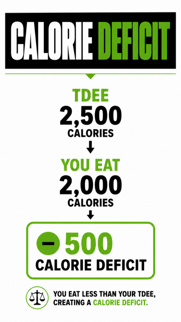 Example showing a 500-calorie deficit created by eating 2,000 calories instead of a 2,500-calorie TDEE.
