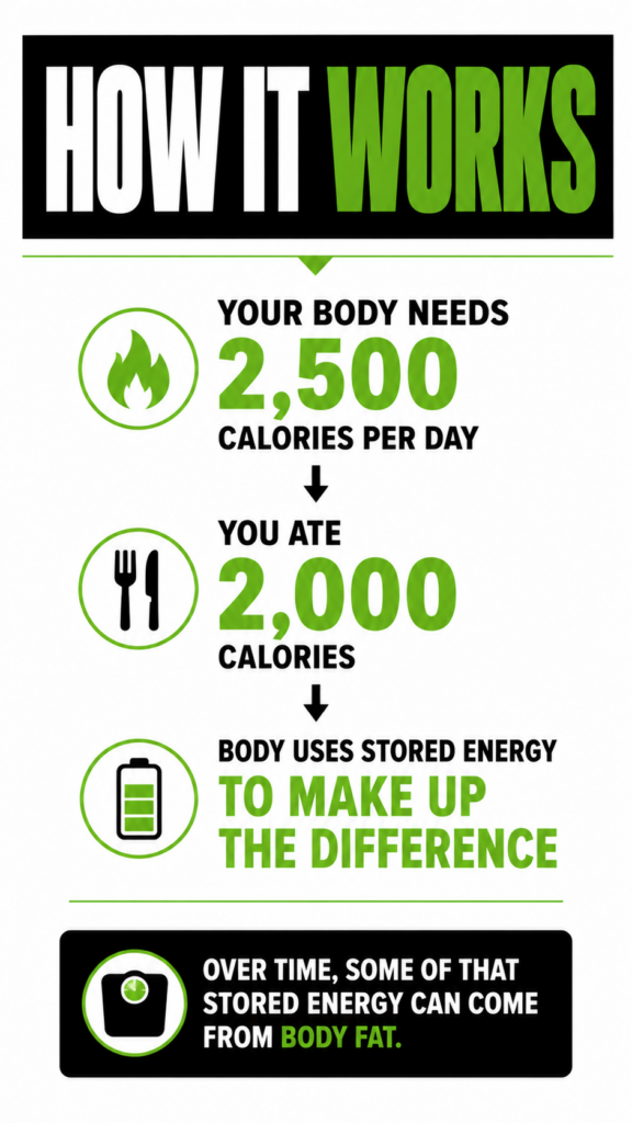 Illustration showing how the body uses stored energy to help make up the calorie difference created by an energy deficit.