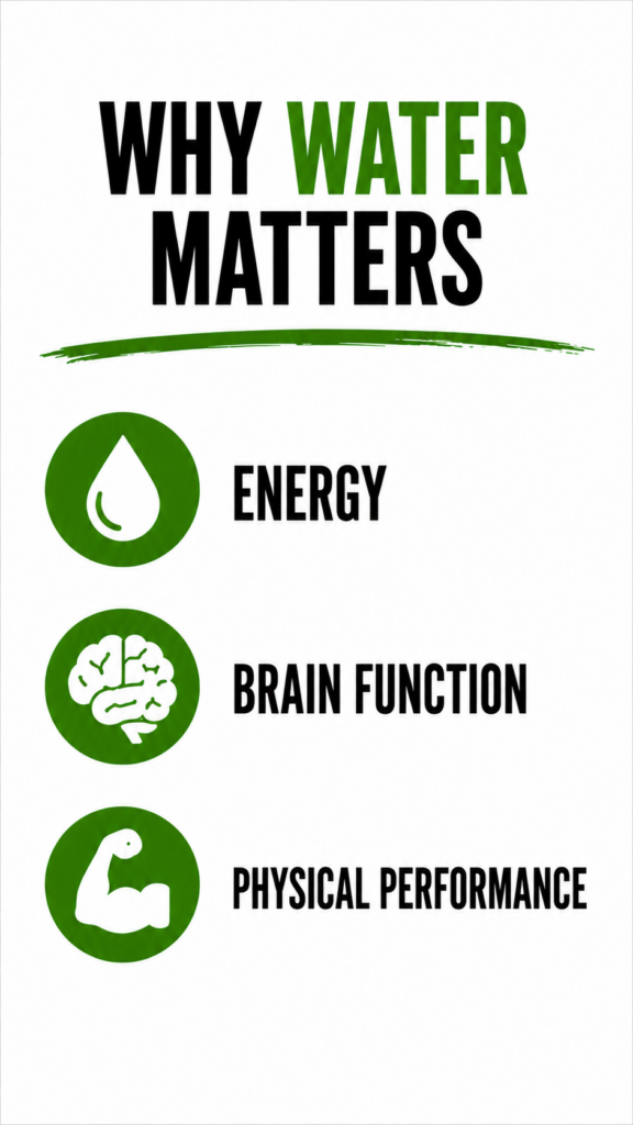 Infographic showing the benefits of staying hydrated, including energy, brain function, and physical performance.