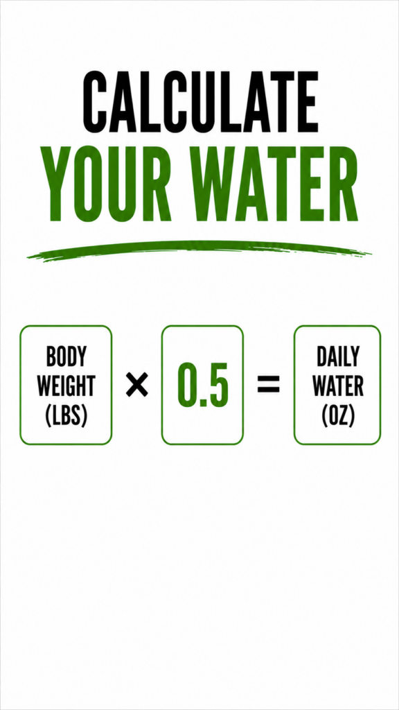 Infographic showing how to calculate daily water intake using body weight multiplied by 0.5.