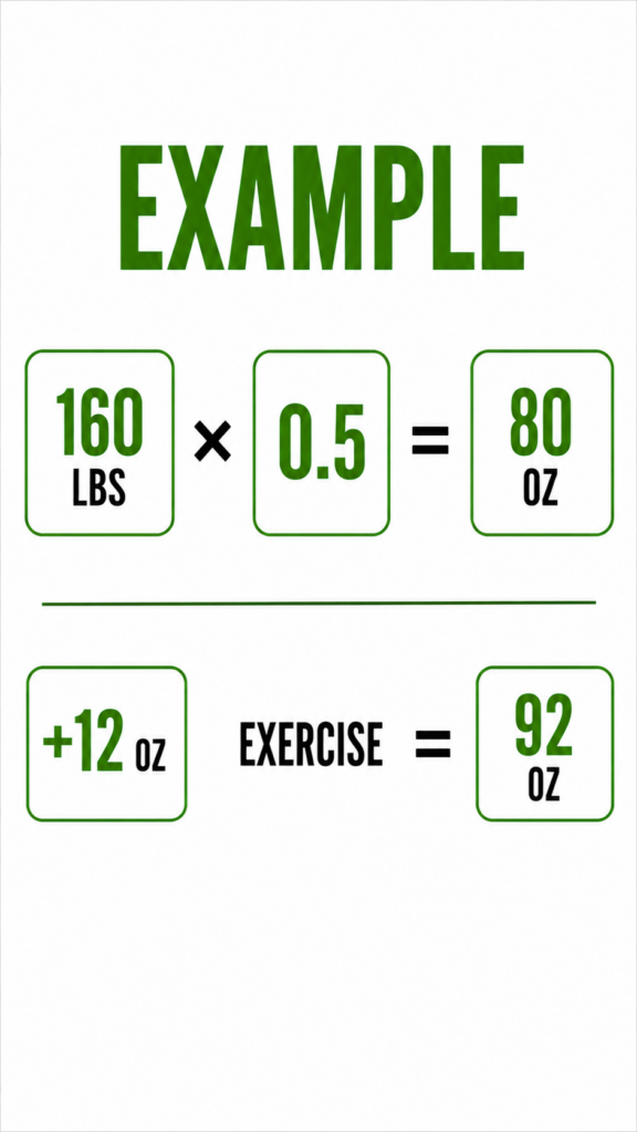 Example infographic calculating daily water intake for a 160-pound person including exercise adjustment.