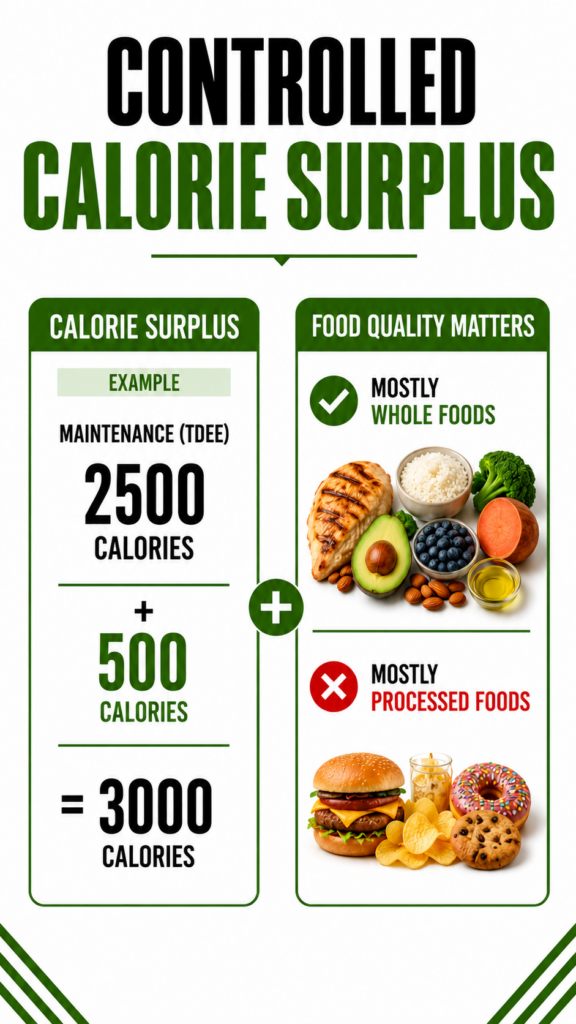 Example of a controlled calorie surplus for lean bulking with mostly whole foods