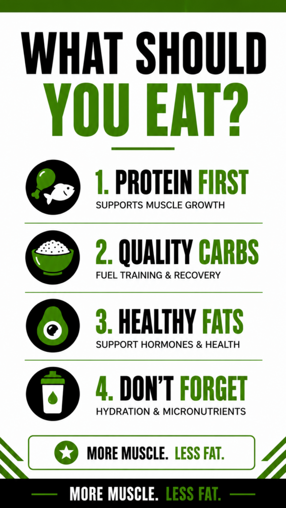 Illustration showing protein, carbohydrates, healthy fats, and hydration for muscle growth